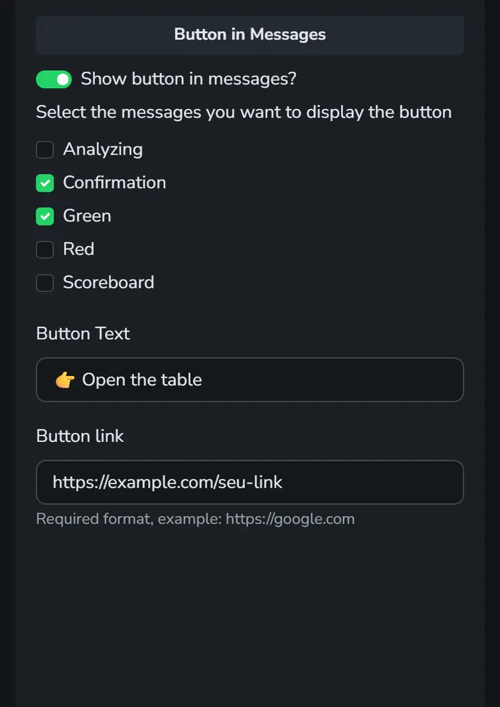 App screen with the Button in Messages block, showing the alerts where the button appears, the button text and the link.
