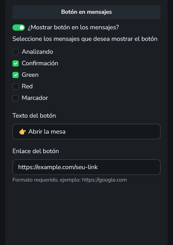 Pantalla de la app con el bloque Botón en mensajes, con las alertas en las que aparece el botón, el texto del botón y el enlace.