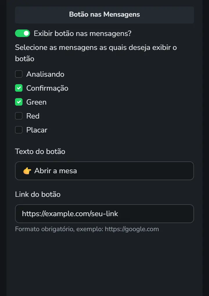 Tela do app com o bloco Botão nas Mensagens, com os alertas em que o botão aparece, o texto do botão e o link.