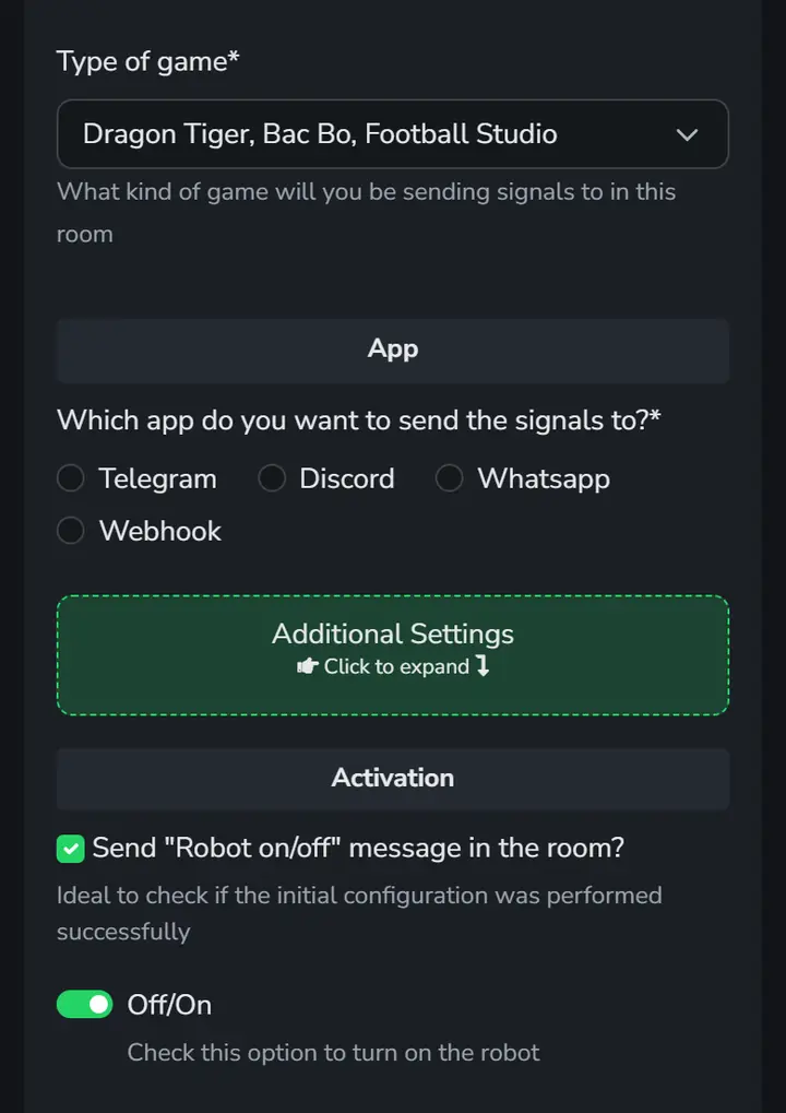 Room creation screen in the panel, with the choice of game, the app (Telegram, Discord or WhatsApp) and the switch that turns the bot on.
