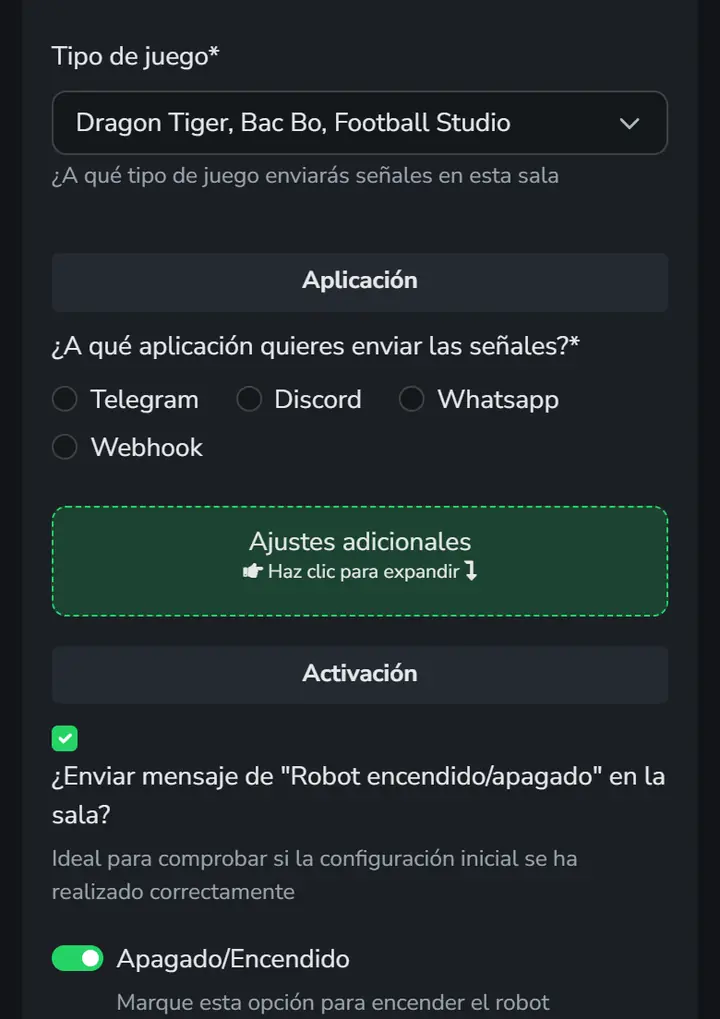 Pantalla de creación de sala en el panel, con la elección del juego, de la aplicación (Telegram, Discord o WhatsApp) y el interruptor para encender el robot.