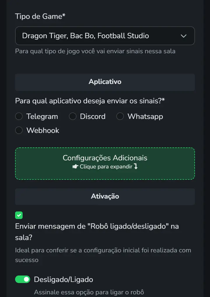 Tela de criação de sala no painel, com a escolha do jogo, do aplicativo (Telegram, Discord ou WhatsApp) e a chave para ligar o robô.