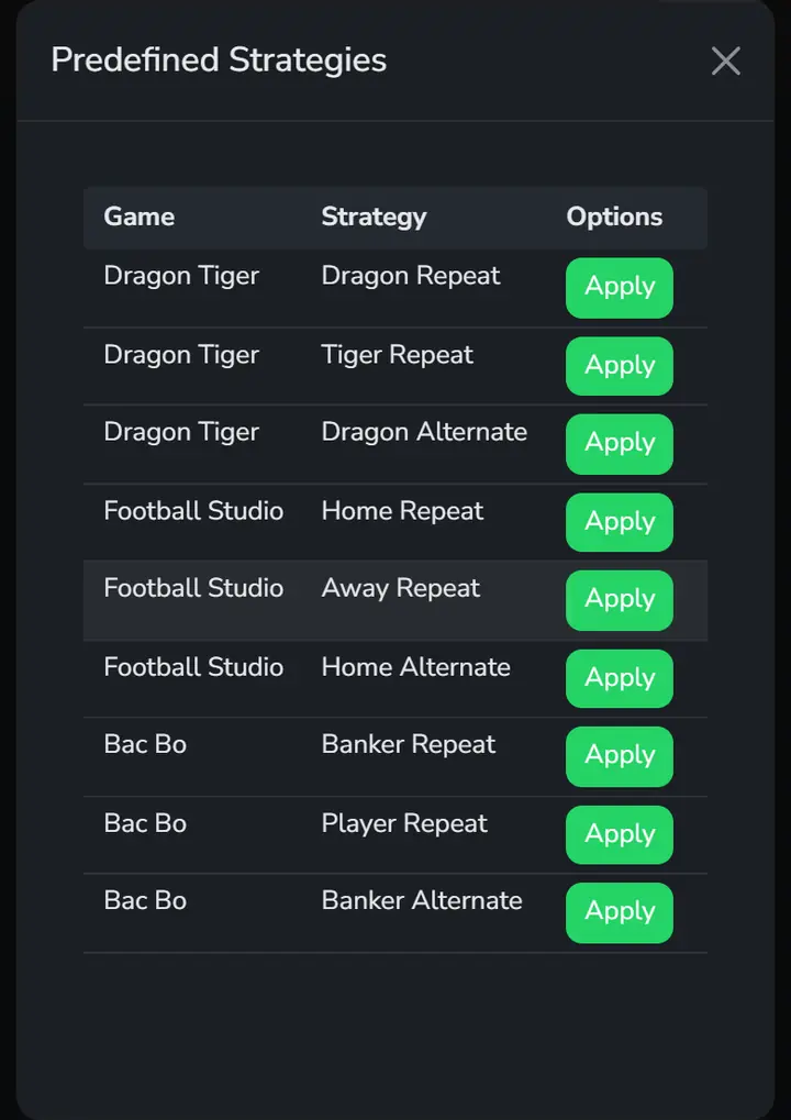 List of ready-made strategies in the Green Sinais panel, with the game, the strategy name and an Apply button on each row.
