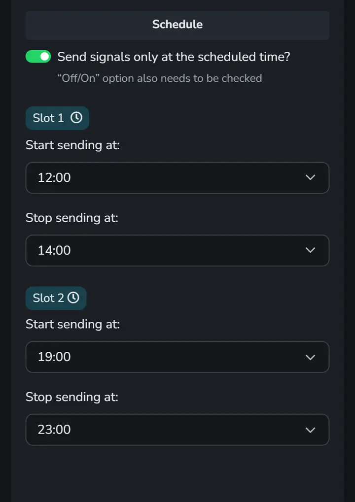 App screen with the Schedule block, with sending only at the scheduled time turned on and two signal slots, from 12:00 to 14:00 and from 19:00 to 23:00.