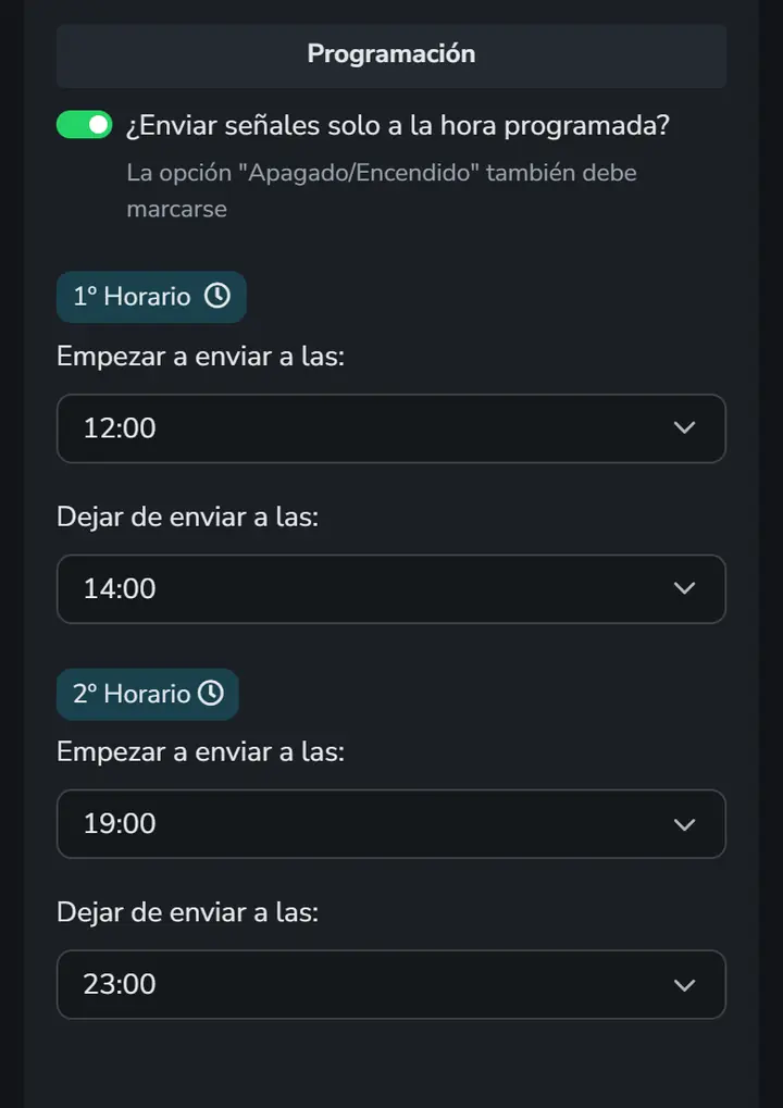 Pantalla de la app con el bloque Programación, con el envío solo en el horario programado activado y dos horarios de señales, de 12:00 a 14:00 y de 19:00 a 23:00.