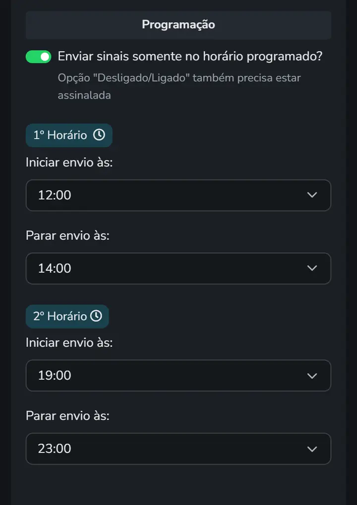 Tela do app com o bloco Programação, com o envio só no horário programado ligado e dois horários de sinais, das 12:00 às 14:00 e das 19:00 às 23:00.