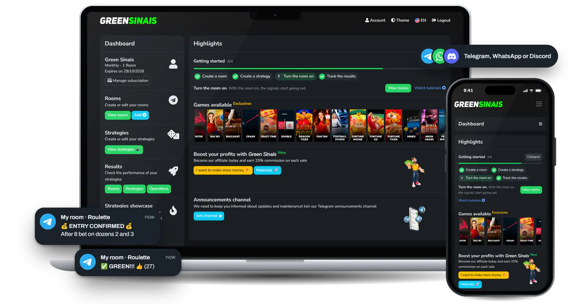 Green Sinais panel open on a laptop and a phone, showing the getting-started checklist and the available games. Next to it, two sample Telegram notifications, one for a confirmed entry and one for a green.