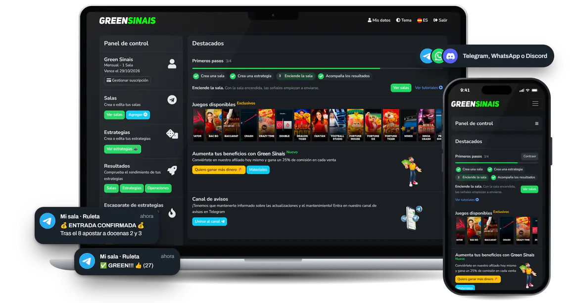 Panel de Green Sinais abierto en una laptop y en un celular, con la lista de primeros pasos y los juegos disponibles. Al lado, dos notificaciones de ejemplo en Telegram, una de entrada confirmada y otra de green.