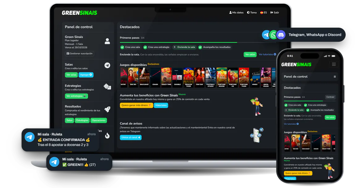 Panel de Green Sinais abierto en una laptop y en un celular, con la lista de primeros pasos y los juegos disponibles. Al lado, dos notificaciones de ejemplo en Telegram, una de entrada confirmada y otra de green.